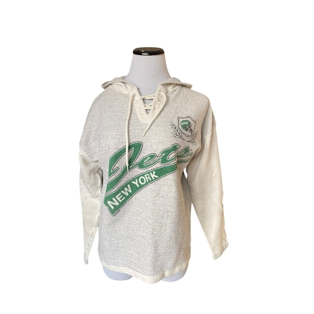 New‎ York Jets Lace up Hoodie Womens Size S/M Terry Pullover NFL Retro Fan Gear